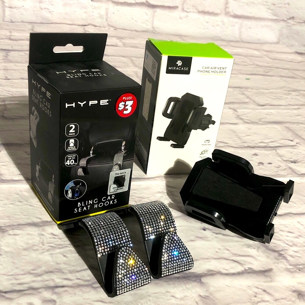 Car accessories bundle. Safety on the road with set of seat hooks & phone holder